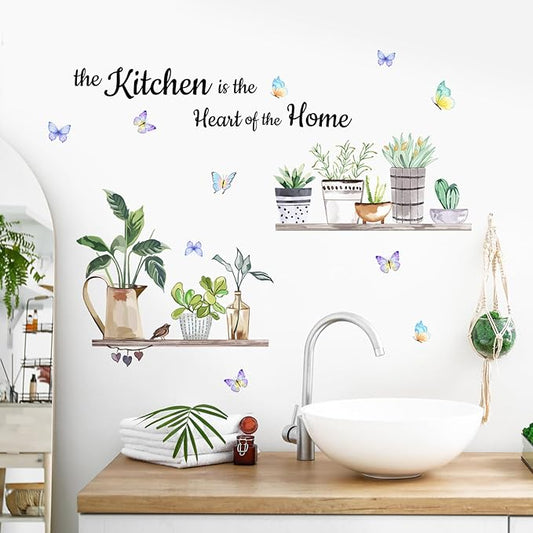 Green Plants Shelves Wall Deals Potted Plants Leaves Wall Stickers The Kitchen is The Heart of Home Word Saying Peel and Stick Wall Art Decals for Kitchen Dining Room Restaurant Living Room Wall Decor