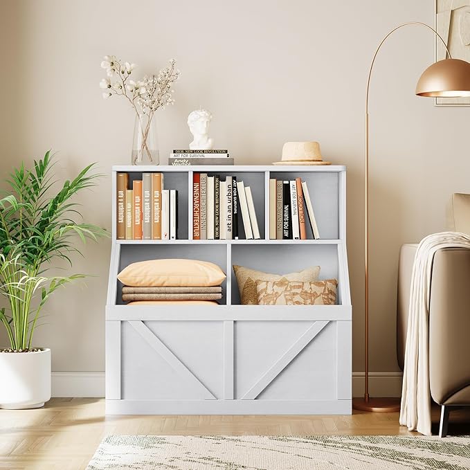 Kids Bookshelf and Toy Storage, Kids Toy Storage Organizer, Toy Storage Cabinet with Toy Shelf, Toddler Bookshelf Toy Organizer and Storage Bins for Playroom, Bedroom, Nursery, Classroom, Daycare