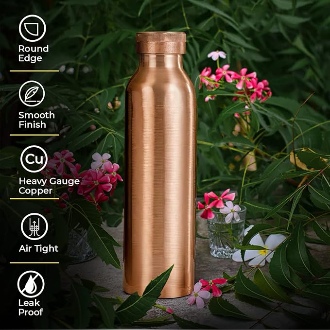 Pure Copper Water Bottle 30 oz 900 ml Leak Proof Ayurvedic 100% Pure Copper Vessel for Drinking - WildFlower Printed Copper Bottle for Sports