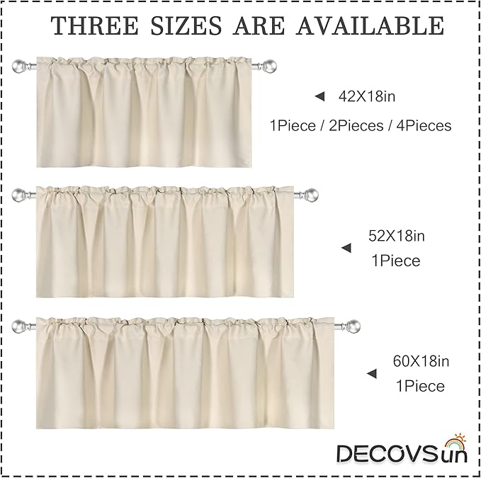 Beige Valance for Windows 42x18 Inch Solid Thermal Insulated Blackout Rod Pocket Kitchen Short Curtain Toppers Valance for Bathroom Living Room 1 Panel
