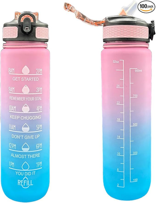 Yaa Fresh Water Bottles, 32oz Motivational Sports Water Bottle with Time Marker-Times to Drink-Tritan, BPA Free, Leakproof water bottle (1 Pack) (Pink-Blue), 1101-1
