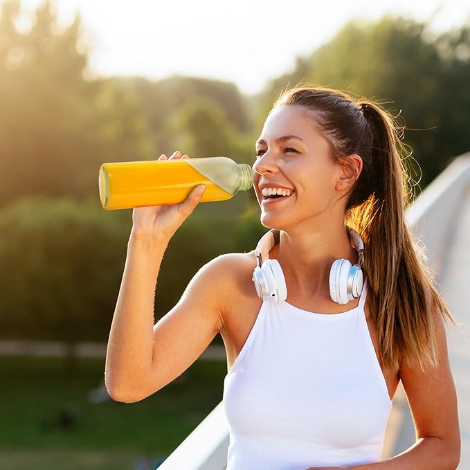 Glass Juice Bottles with Lids for Juicing 24 oz, Reusable Clear Glass Water Bottles with Stainless Steel Airtight Cap for Refrigerator, 100% Leak Proof, BPA Free, ECO Friendly, Set of 3, Gold