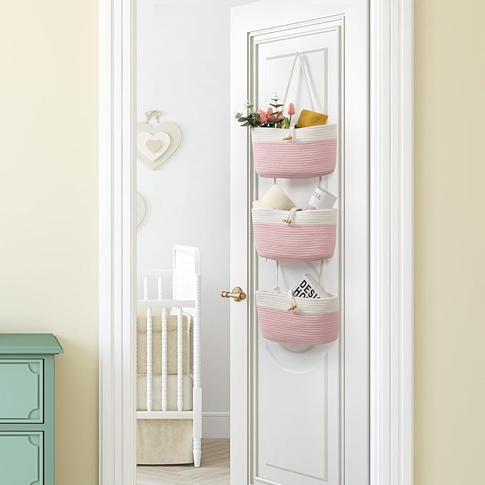 TeoKJ Over The Door Hanging Baskets with Button Strap, 3-Tier Woven Cotton Storage Organizer Bag, Wall-Mounted with Hook Decorative Hanging Nursery Baskets - Pink+White