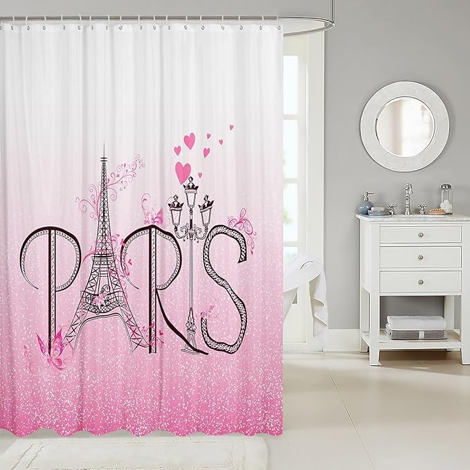 Feelyou Eiffel Tower Shower Curtain 72"x78" Kids Romantic Paris Bathroom Shower Curtain Set for Boys Girls Teens Ombre Pink Butterfly Bath Curtain Modern French Bathroom Accessories