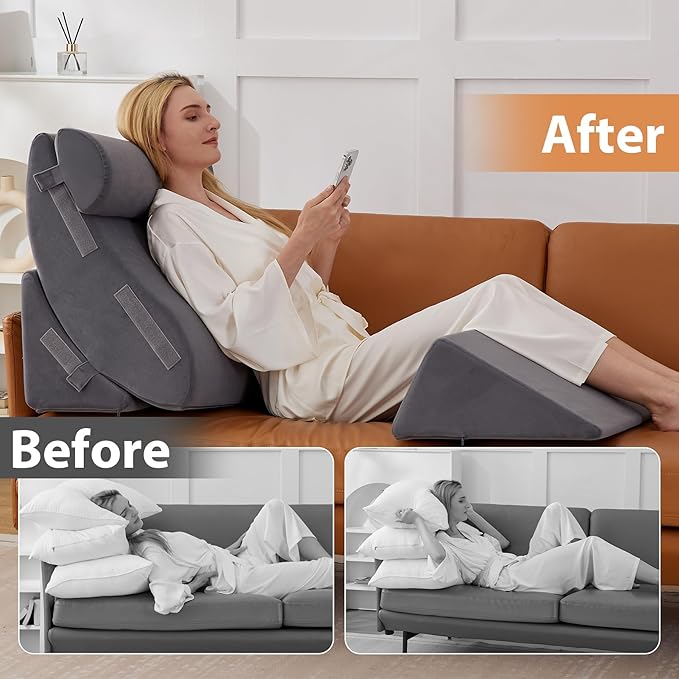 Orthopedic Bed Wedge Pillow Set 4PCS, Wedge Pillow Set for Back Pain Relief, Sitting up in Bed, Post Surgery, Acid Reflux, Snoring&GERD, Body Pillow for Sleeping,Leg,Neck,Shoulder Support, Velvet Grey