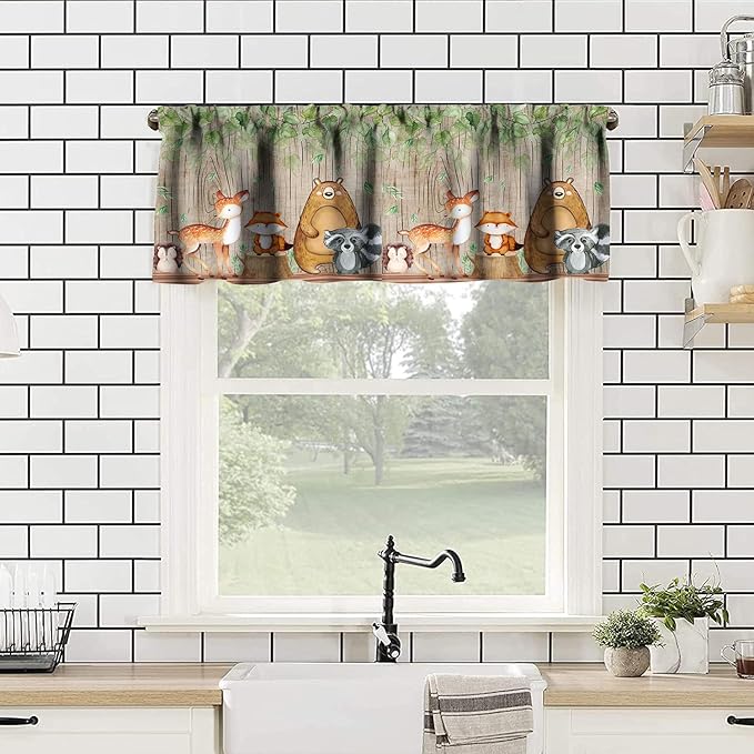 Cartoon Window Valance, Kids Woodland Animal Print Bears Deer Trees Leaves Forest Kitchen Valance for Living Room Nursery Bedroom Nursery Decor with Rod Pocket 54x24 Inch, 3 Piece