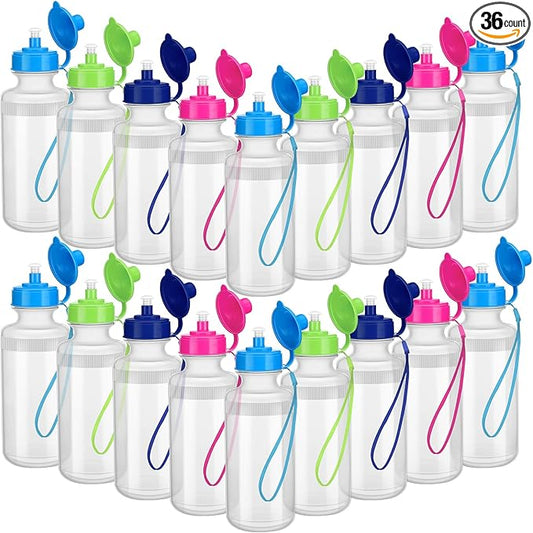 Zubebe 36 Pcs Sports Water Bottles Bulk 20 oz Squeeze Reusable Plastic Water Bottle with Nylon Strap Blank DIY Water Bottles for Kids Adults School Thanks Gift Outdoor Sport Fitness