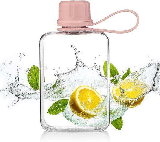 Tritan Transparent Flat Water Bottle samll Water Bottle Slim Square Pocket Bottle Water Flask, BPA Free/Slim Design/Leak Proof Water Bottle for Travel, Outdoor, Sports, Camping. (Pink, 240ML)