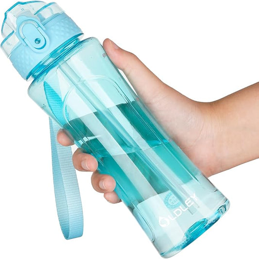OLDLEY Kids Water Bottle with Straw 15 oz BPA-Free Leak-Proof Motivational Water Bottles with Time Marker for School Sports Travel Gym, Easy to Use for Girls Goys, 1 Straw Lid, Transparent-blue