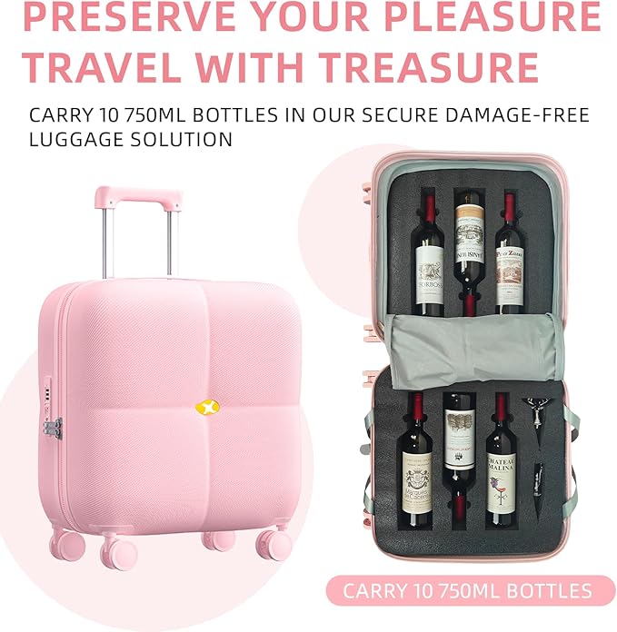 Wine Suitcase, 6 Bottle Wine Luggage, Durable Wine Travel Case, Fly With Wine Suitcase with TSA Lock, Versatile Wine Carrier with Removable Inserts and Silent Spinner Wheels（Pink）