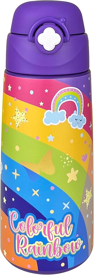 Kids Insulated Water Bottle with Covered Pop-Up Straw,16oz Kids Cups with Stainless Steel Leak Proof for School Boys Girls（Purple Rainbow）