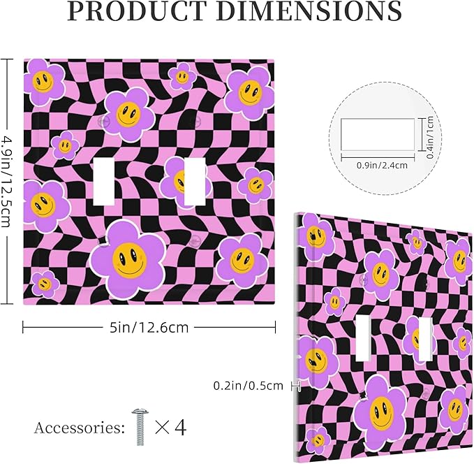 Flowers with Checkered Double Toggle Light Switch Covers 2 Gang Wall Plate Dual Decorative Switchplate Electrical Faceplate for Bathroom Country Kitchen Bedroom Decor, 4.9" x 5"