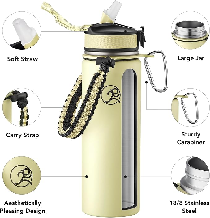 GOSWAG Insulated Sports Water Bottle, 24oz 2 Lids(with Straw/No Straw), Stainless Steel Water Bottles with Paracord Handle, Insulated Thermos with Double-Wall Vacuum Insulation