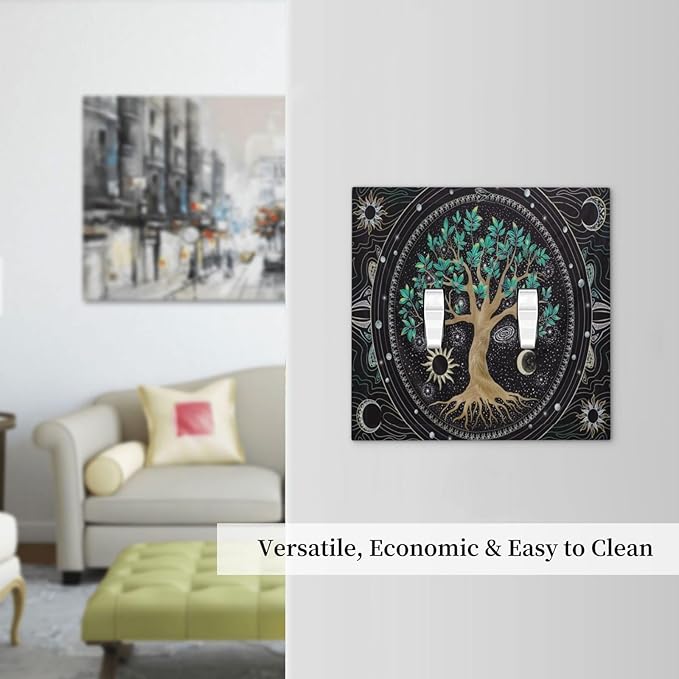 Tree of Life Blackground Double Toggle Light Switch Cover Decorative Hippie Sun Moon Star 2 Gang Wall Plate Electrical Faceplate Switchplate Art Panel for Bathroom Bedroom Living Room Decor