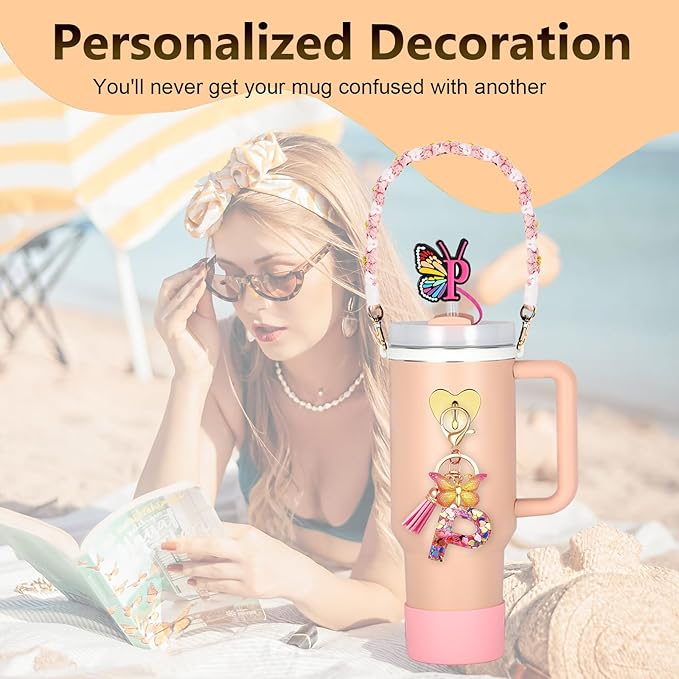 SPORCLO Stanley Cup Accessories Include Silicone Stanley Straw Cover, Butterfly Letter Keychain Charms, Water Bottle Handle Strap, Boot and Chain for Stanley Cup 30oz 40oz Tumbler