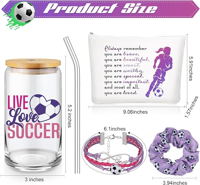 SilTriangle 4 Pcs Girls Soccer Gifts Soccer Glass Cup 16oz Soccer Water Bottles Inspirational Soccer Theme Makeup Bag Soccer Bracelet Elastic Soccer Scrunchies for Girls Back to School Soccer Lovers