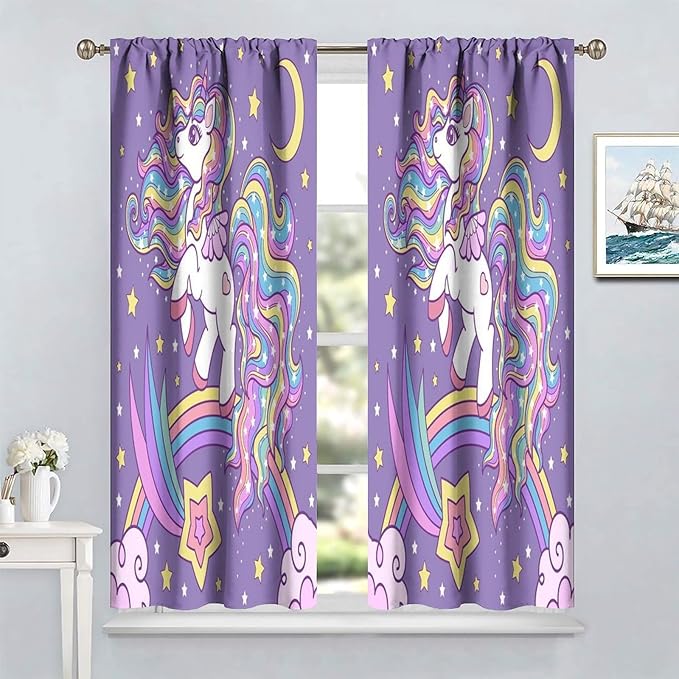 Unicorn Curtains Fantasy Star Moon Cartoon Theme Curtains Cute White Unicorn Rainbow Design Printed Curtains Boys Girls Room Curtains 84x84 Inch 2 Panels