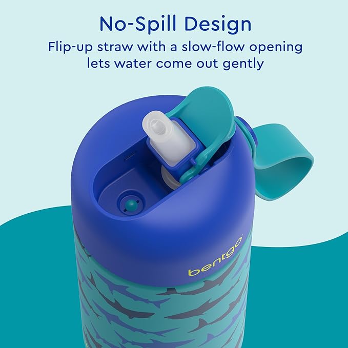 Bentgo® Kids Stainless Steel Insulated Water Bottle - Leak-Proof; Keeps Cool for 12 Hours; Durable, BPA-Free, Dishwasher Safe 14 oz. Cup for Ages 3+ for School/Sports/Daycare (Sharks)
