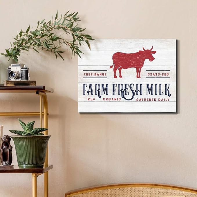 Renditions Gallery Canvas Animal Wall Art Home Paintings & Prints Organic Farm Fresh Milk Abstract Red & White Modern Cow Artwork Decorations for Bedroom Office Kitchen - 8"x12" LT33
