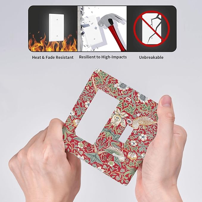 William Morris Strawberry Thief Botanical Red Green 2 Gang Single Toggle Rocker Combination Light Switch Covers Wall Plate Cover Electrical Faceplate Decorative Switchplate for Country Bedroom