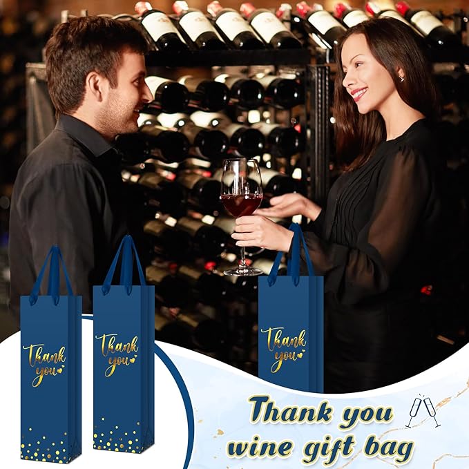 Ctosree 30 Pcs Wine Gift Bag for Wine Bottle Wedding Wine Thank You Gift Bag with Metallic Gold Foil Print Kraft Wine Paper Favor Bag with Attractive Rope Handle for Graduation Bottle(Business Blue)
