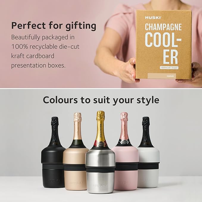 Huski Champagne Chiller | NEW | Award-Winning Iceless Design with Detachable Bottle Stopper | Keeps Wine Cold up to 6 Hours | Fits most 750ml Champagne, Prosecco & Sparkling Wine Bottles (Powder Pink)