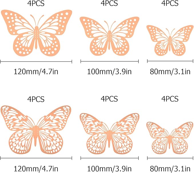 3D Butterfly Wall Stickers Removable Mural Decor, 24pcs 2styles 3 Sizes Rose Gold Butterfly for Bedroom Baby Girl Boy Room Kitchen Birthday Party Classroom Wedding Cake Decoration DIY Gift(Rose Gold)