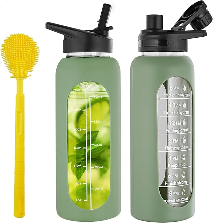 SIEROZUR 32 oz Glass Water Bottle with Straw and Handle Large Sports Motivational Water Bottle with Time Marker and 2 Lids, Leakproof Reusable Water Jug with Silicone Sleeve for Gym
