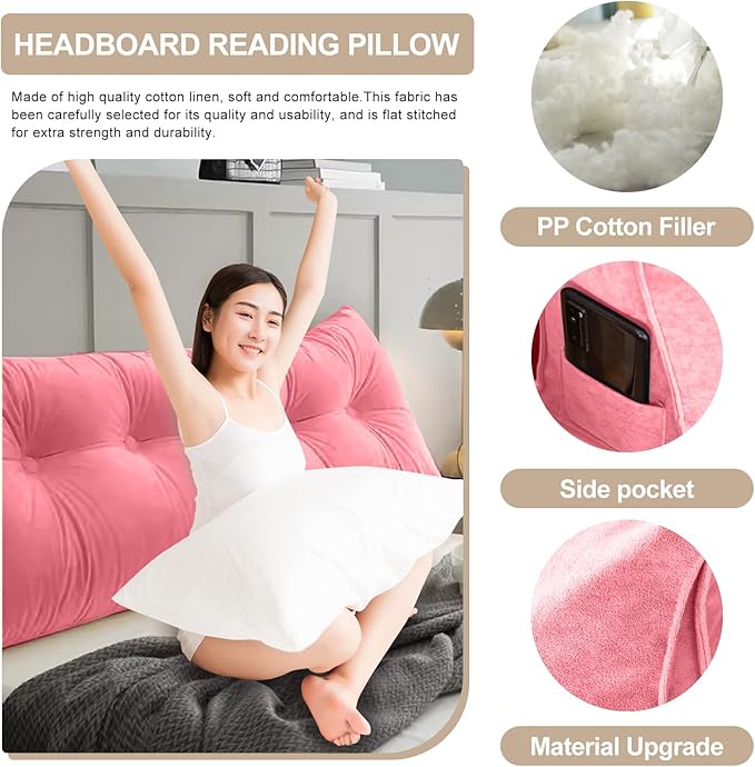 Large Triangular Headboard Pillows Long Backrest Positioning Support Bolster Cushion for Daybed Fluffy Quality Plush Body Wedge Pillow with Removable Cover(Pink -Full-54x8x20in)