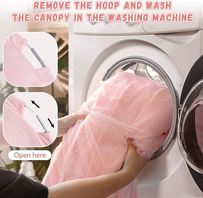 Bed Canopy Drapes, Double Layer Canopies Netting Tent for Bed, Princess Fairy Bed Canopy with String Lights for Girls, Adults, Canopy Bed Curtains Mosquito Net, Pink, 27''x108''