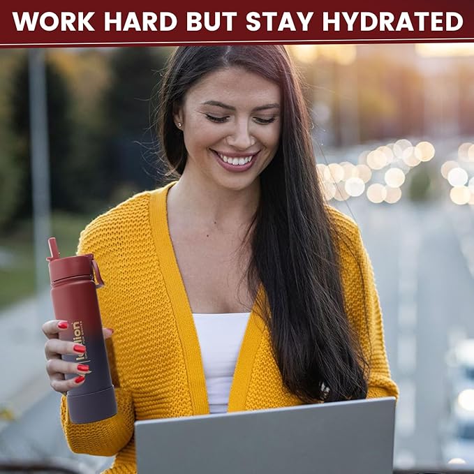 Water Bottle 22oz, Triple Walled Insulated Stainless Steel Reusable Bottle, Silicone Sleeve, Cleaning Brush, 2 Lids (Spout lid & Straw lid w/2 straw), Metal Mug Gallon, BPA Free, Dark Rainbow