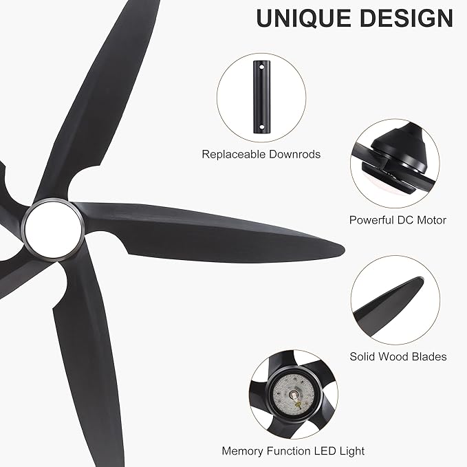 64 Inch Modern Ceiling Fan with Lights and Remote, 5 Wood Blades, 6-Speed Noiseless Reversible DC Motor with Replaceable Downrods for Bedroom Living Room Dining Room, Black