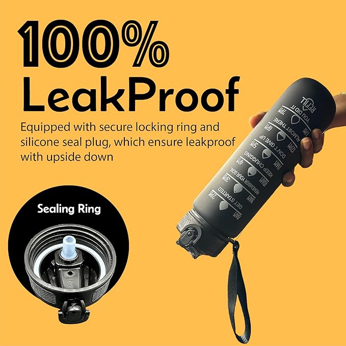 Yaa Fresh Water Bottles, 32oz Motivational Sports Water Bottle with Time Marker-Times to Drink-Tritan, BPA Free, Leakproof water bottle (1 Pack) (Black)