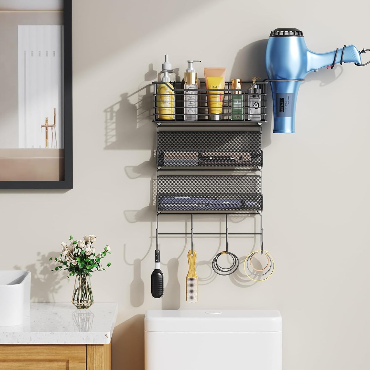 VITVITI Metal Hair Tool Organizer Wall Mount, Hair Dryer Holder with 3 Tier Shelf Basket Hooks, Bathroom Hair Styling Tool Organizer for Curling Iron/Blow Dryer/Straightener, Matte Black