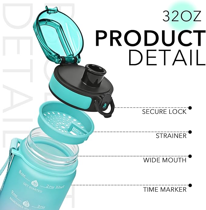 GOSWAG 32oz Motivational Water Bottles with Time Marker and Fruit Strainer, Sports Water Bottle with Times to Drink, Leakproof, Reusable Plastic Bottle with Strap no Straw for Gym, School