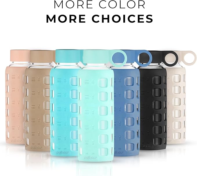 purifyou Premium 40/32 / 22/12 oz Reusable Glass Water Bottles with Time and Volume Markings, Non-Slip Silicone Sleeve & Stainless Steel Lid Insert, for Water, Milk, Juice (12oz Glow in the Dark)