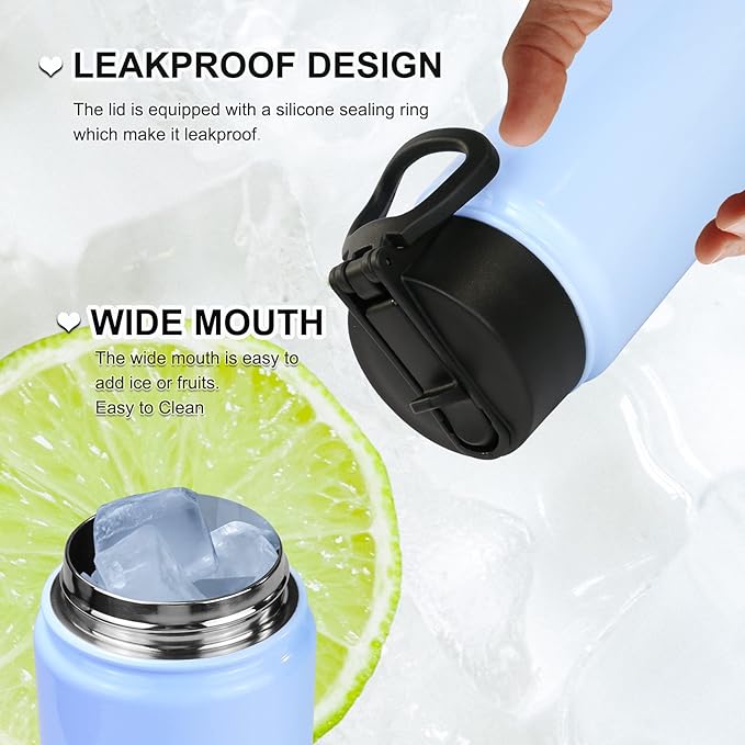 Sports Stainless Steel Water Bottle with Straw, Spout lid-32OZ -Wide Mouth Vacuum Insulated Thermos Water Bottles, Keep Water Cold/Hot, Metal Water Bottle for Biking Hiking (Light Blue, 32OZ)