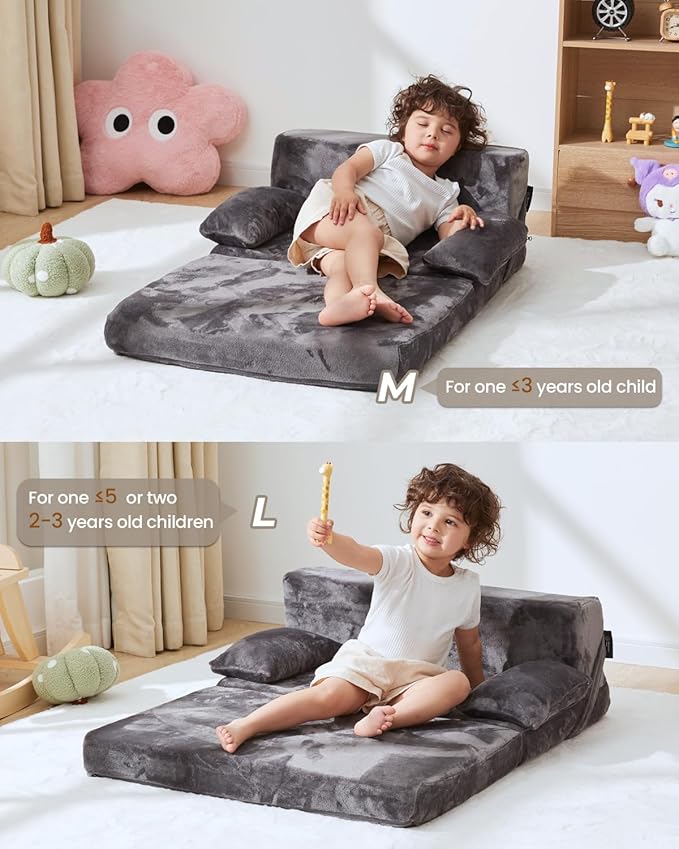 Weighted Idea 2-in-1 Kids Sofa Couch Fold Out for Girls and Boys, Folding Toddler Chairs Comfy Children Couch Baby Recliner, Convertible Sofa to Lounger for Reading Sleeping (Grey, 30x18x16 inches)