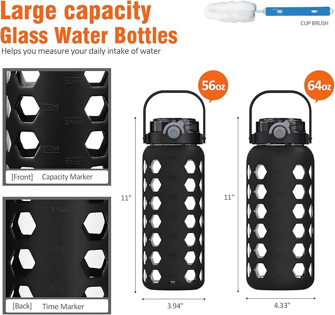 MUKOKO Half Gallon/64 oz Glass Water Bottles with Straw and Lid,Motivational Water Jug with Time Marker Reminder and Silicone Sleeve,100% Leakproof BPA Free Fitness Sports Large Bottle-Black