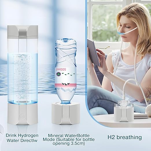 Hydrogen Water Bottle Generator with Gas Inhaler Molecular H2 Maker Machine SPE/PEM Technology Generates Real 3000ppb Pure Hydrogen Concentration Dupont Membrane Purification Vent (Silver)
