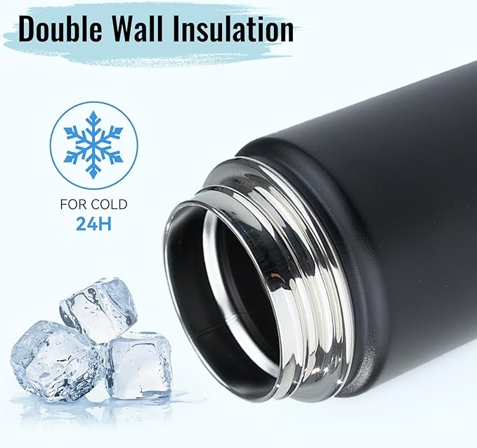 Stainless Steel Water bottle with Straw & Wide Mouth Lid, Wide Rotating Handle, 18oz Double Wall Vacuum Insulated Water Bottle Leak Proof, BPA Free, Keep Cold and Hot, 18oz, Black