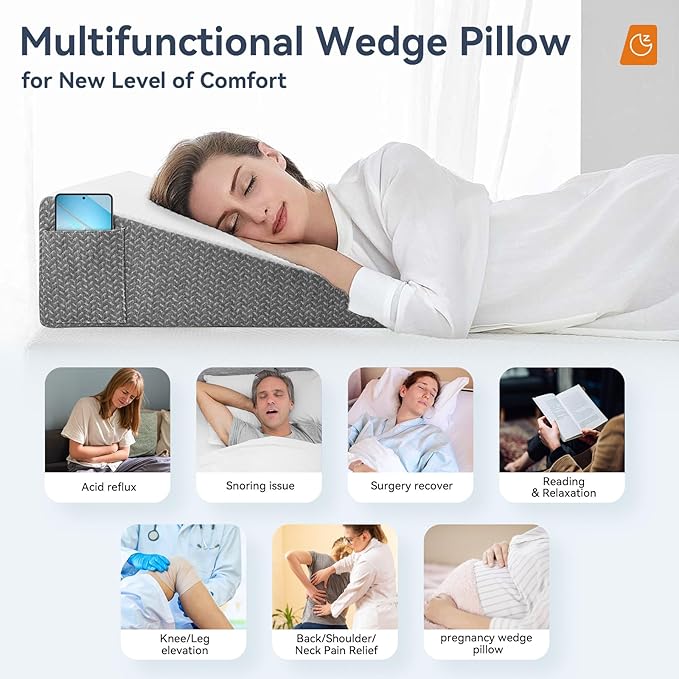 Wedge Pillow for Sleeping, 8 inch Bed Wedge Pillow, Elevated Body Pillow for Back Support, Acid Reflux, Leg, Neck Pain, Snoring, Triangle Pillow Wedge -Removable Cover, White/Grey