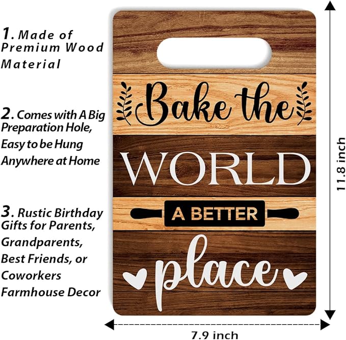Farmhouse Kitchen Decor, Kitchen Signs Wall Decor, Wall Decor for Kitchen, Bake The World A Better Place Wood Sign, Kitchen Door Wall Hanging Decor, Kitchen Gifts for Women 8 x 12 Inch