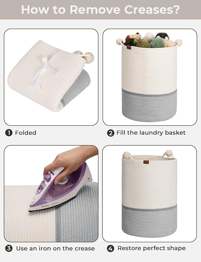 StorageWorks 58L Cotton Rope Laundry Basket with Wooden Beads Handles, Woven Basket for Storage, Dirty Clothes, Kids Toys, Towels, White & Grey