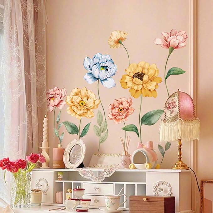 Large Flower Wall Decals Colorful Blossom Floral Wall Stickers Removable Wall Murals Peel and Stick Girls Bedroom Living Room Nursery Wall Decor