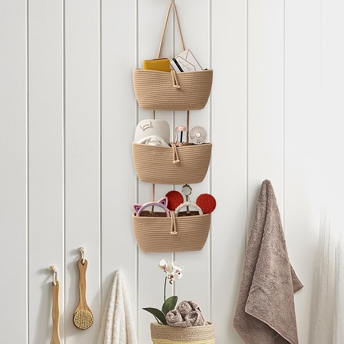 TeoKJ 3-Tier Cotton Rope Baskets with Button Strap Over the Door Wall Hanging Baskets for Nursery, Living Room, Bathroom, Door Storage Organizer for Decoration-Jute