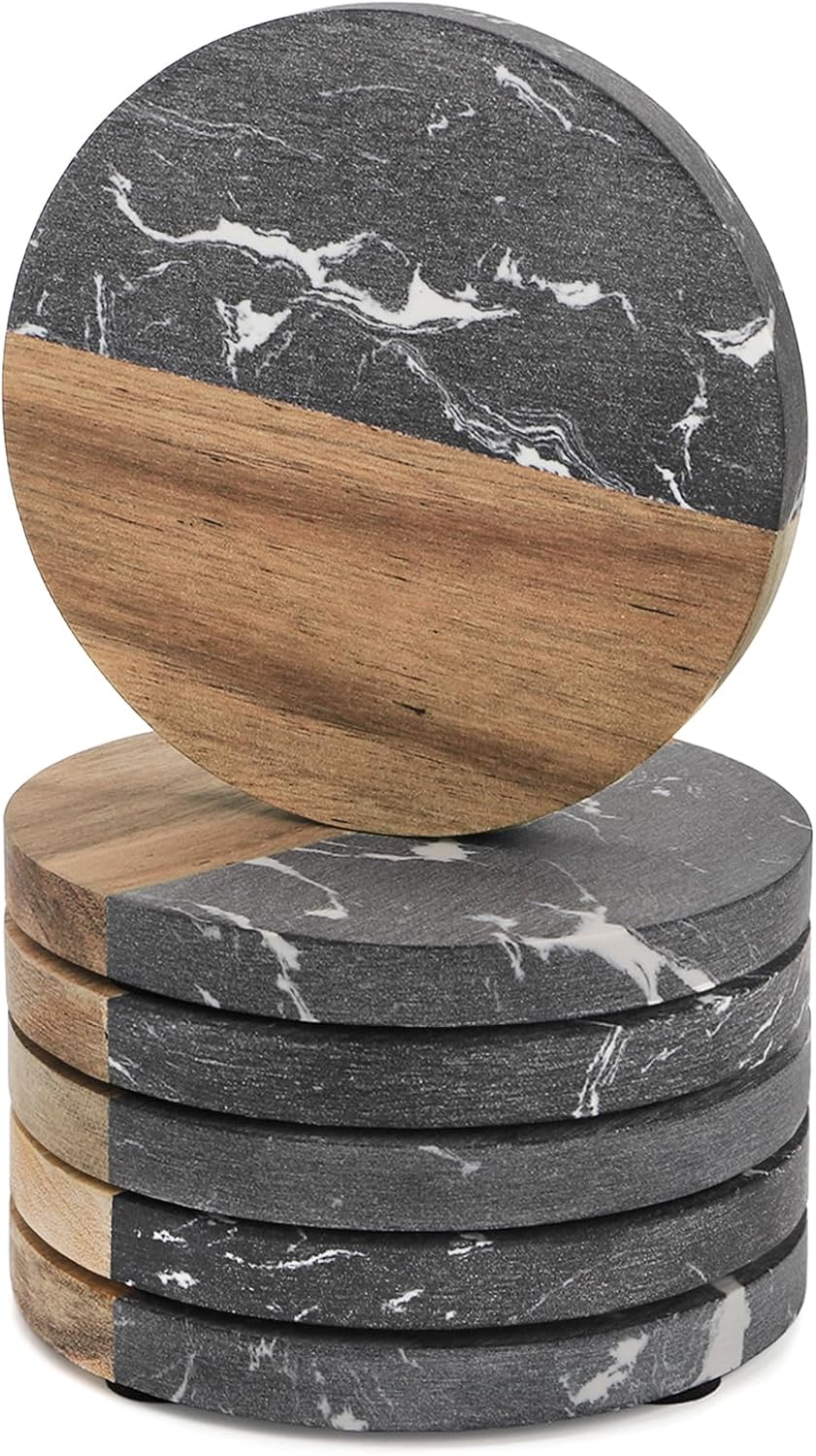 ZENFUN 6 Pc Black Marble Wood Coasters, Round Coaster, Handcrafted Artificial Marble Coasters Set for Your Drinks and Beverages, Tea, Coffee, Wine/Bar Glasses, Tabletop Protection Helper