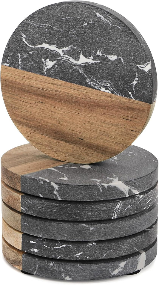 ZENFUN 6 Pc Black Marble Wood Coasters, Round Coaster, Handcrafted Artificial Marble Coasters Set for Your Drinks and Beverages, Tea, Coffee, Wine/Bar Glasses, Tabletop Protection Helper