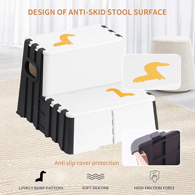 Toddler Step Stool,Anti-Slip Sturdy 2 Step Folding Stools for Kids for Bathroom Toilet Potty Training（Black and White）