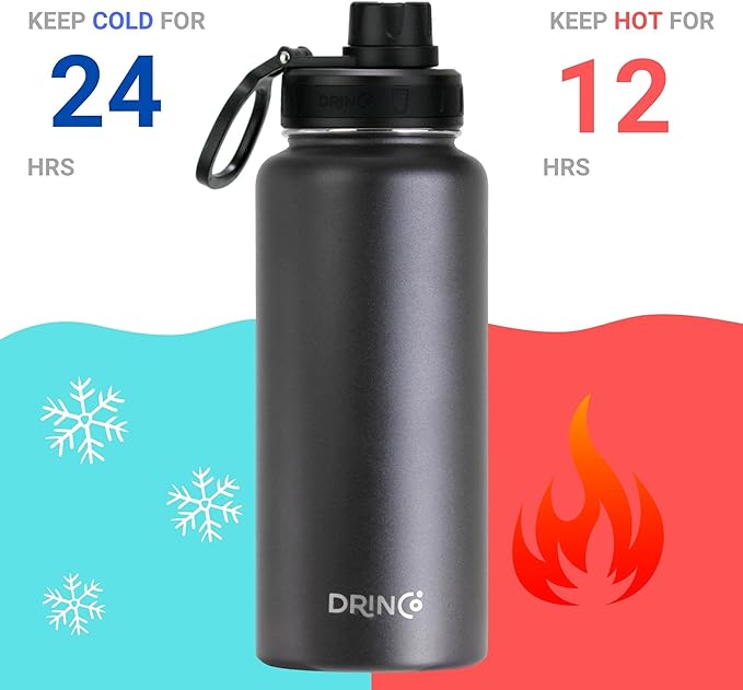 DRINCO Stainless Steel Water Bottle Spout Lid Vacuum Insulated Double Wall Water Bottle USA Flag Military Veteran (32oz US Flag Color Black, 32oz)